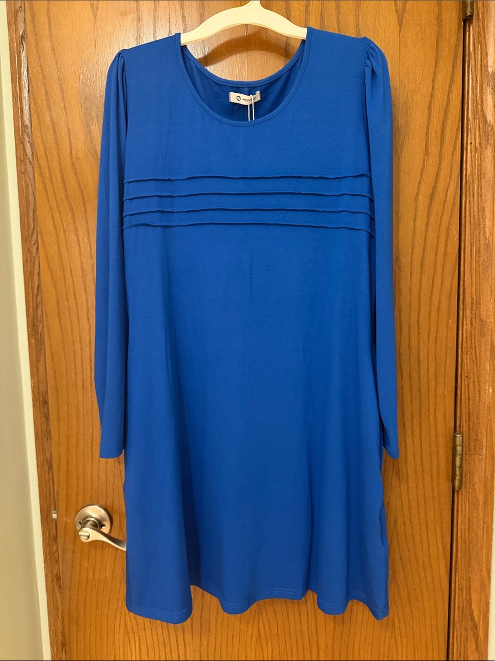 Relaxed Fit Long Sleeve Dress with Pleated Yoke in Royal Blue